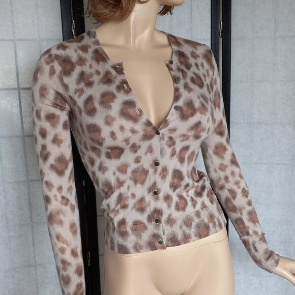 LOFT by Ann Taylor Petite XSP Brown Tan Leopard Merino Wool V-Neck Cardigan - Picture 3 of 7